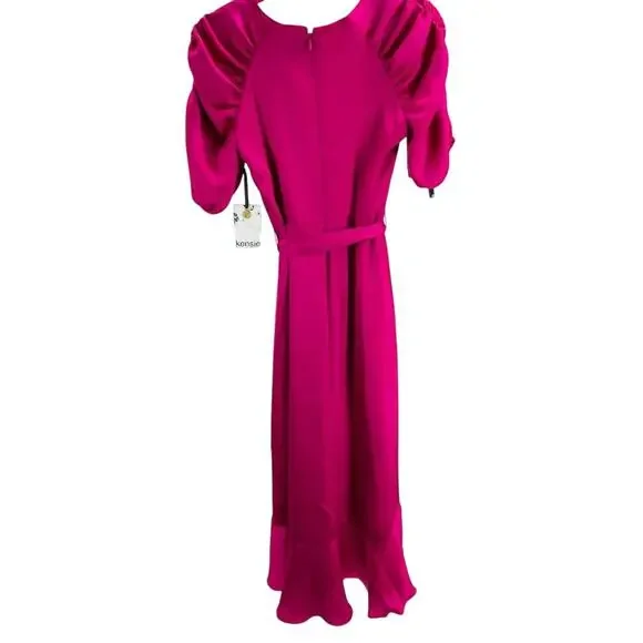 KENSIE SZ 0 xs pink fuschia Ruffle Ruched-Sleeve Faux-Wrap Midi Dress NWT B79 - Picture 3 of 9